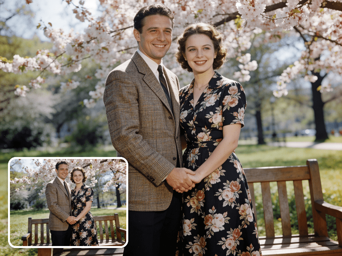 Old low-resolution family photo restored and upscaled with AI - before and after