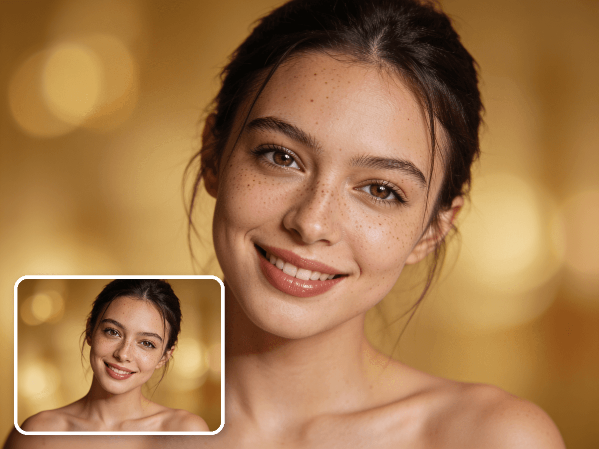 Blurry portrait upscaled to sharp detail with the AI image upscaler - before and after