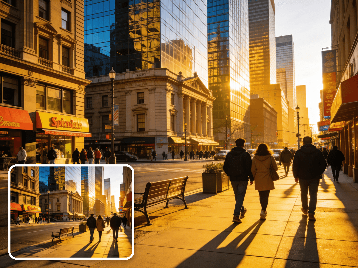 AI image upscaler boosting a low-res city photo to sharp HD - before and after